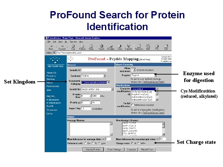 Pro. Found Search for Protein Identification Set Kingdom Enzyme used for digestion Cys Modificatition