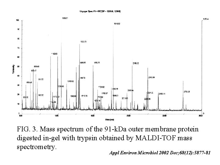 FIG. 3. Mass spectrum of the 91 -k. Da outer membrane protein digested in-gel