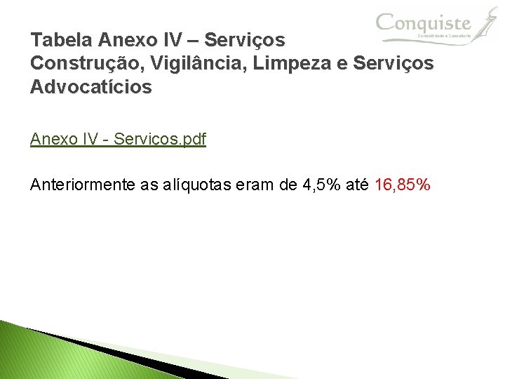 Tabela Anexo IV – Serviços Construção, Vigilância, Limpeza e Serviços Advocatícios Anexo IV -