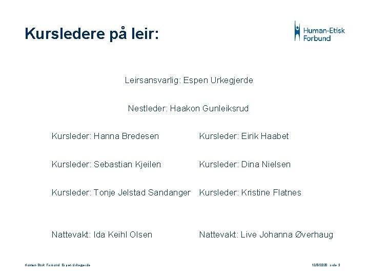 Kursledere på leir: Leirsansvarlig: Espen Urkegjerde Nestleder: Haakon Gunleiksrud Kursleder: Hanna Bredesen Kursleder: Eirik