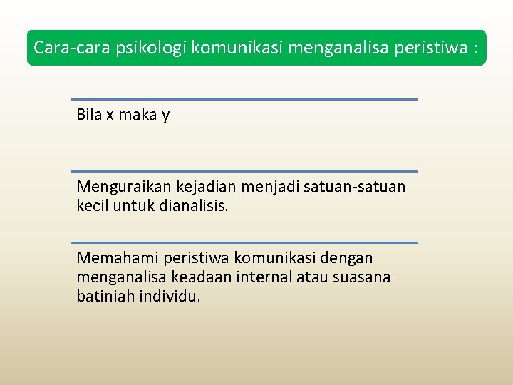 Cara-cara psikologi komunikasi menganalisa peristiwa : Bila x maka y Menguraikan kejadian menjadi satuan-satuan