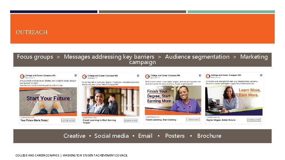 OUTREACH Focus groups > Messages addressing key barriers > Audience segmentation > Marketing campaign OUTREACH Focus groups > Messages addressing key barriers > Audience segmentation > Marketing campaign