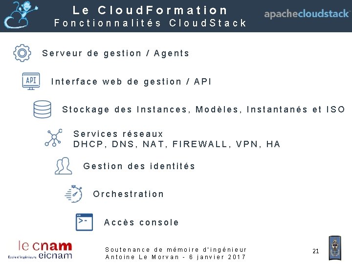 Le Cloud. Formation Fonctionnalités Cloud. Stack Serveur de gestion / Agents Interface web de