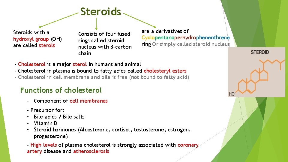 Steroids with a hydroxyl group (OH) are called sterols Consists of four fused rings