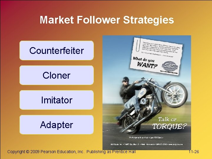Market Follower Strategies Counterfeiter Cloner Imitator Adapter Copyright © 2009 Pearson Education, Inc. Publishing