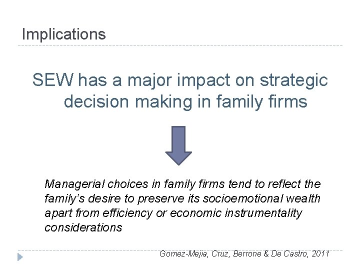 Implications SEW has a major impact on strategic decision making in family firms Managerial