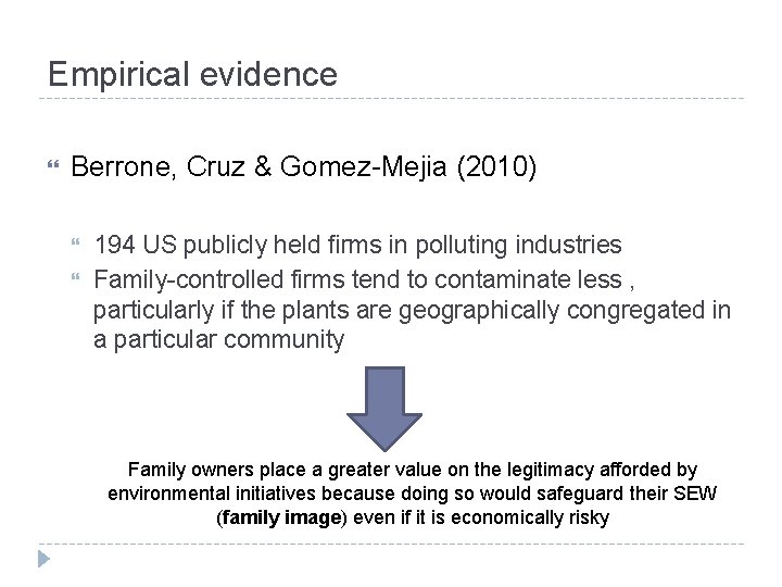 Empirical evidence Berrone, Cruz & Gomez-Mejia (2010) 194 US publicly held firms in polluting