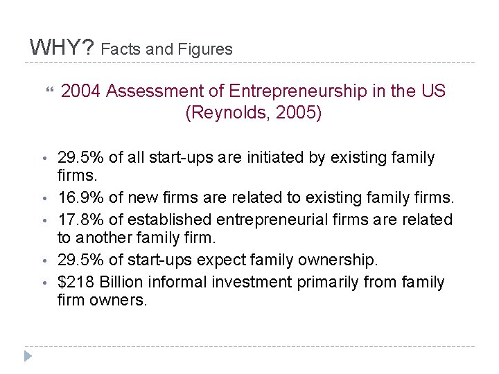 WHY? Facts and Figures 2004 Assessment of Entrepreneurship in the US (Reynolds, 2005) •