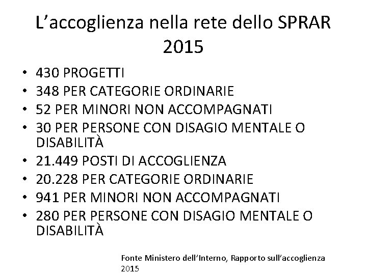 L’accoglienza nella rete dello SPRAR 2015 • • 430 PROGETTI 348 PER CATEGORIE ORDINARIE