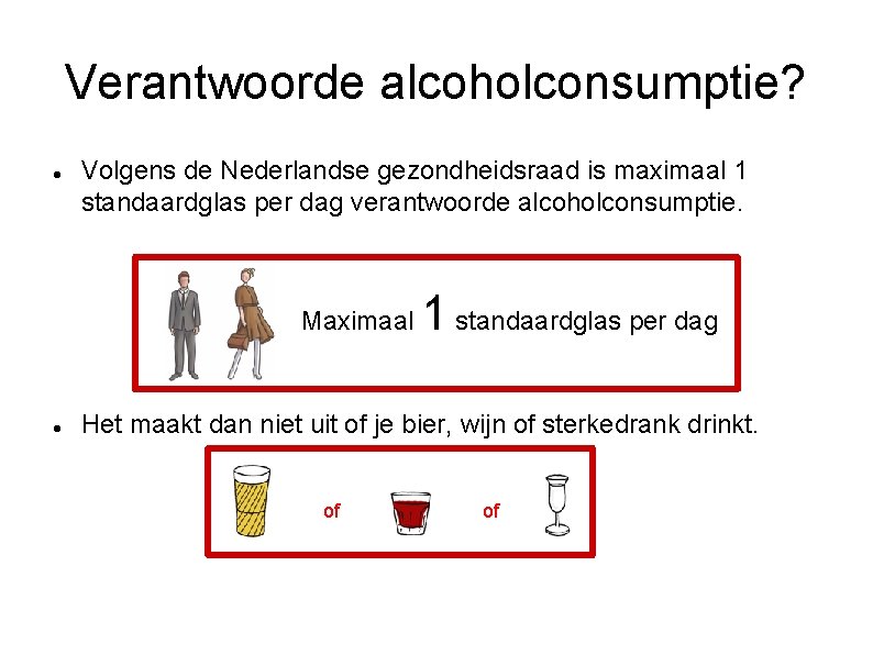Verantwoorde alcoholconsumptie? Volgens de Nederlandse gezondheidsraad is maximaal 1 standaardglas per dag verantwoorde alcoholconsumptie.