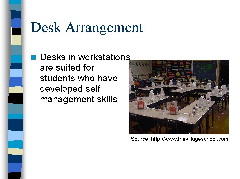 Desk Arrangement n Desks in workstations are suited for students who have developed self
