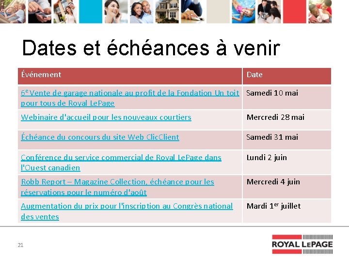 Dates et échéances à venir Événement Date 6 e Vente de garage nationale au