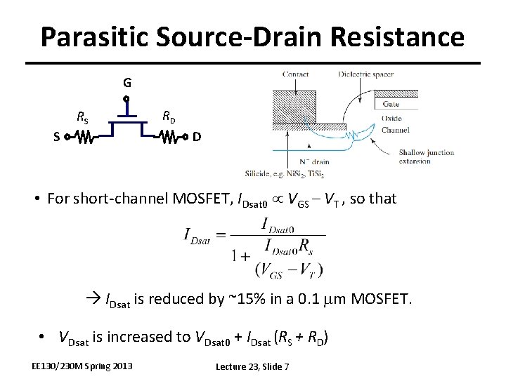 Parasitic Source-Drain Resistance G RS S RD D • For short-channel MOSFET, IDsat 0