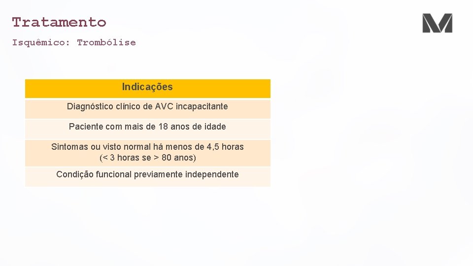 Tratamento Isquêmico: Trombólise Indicações Diagnóstico clínico de AVC incapacitante Paciente com mais de 18
