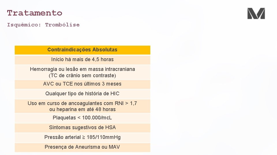 Tratamento Isquêmico: Trombólise Contraindicações Absolutas Início há mais de 4, 5 horas Hemorragia ou