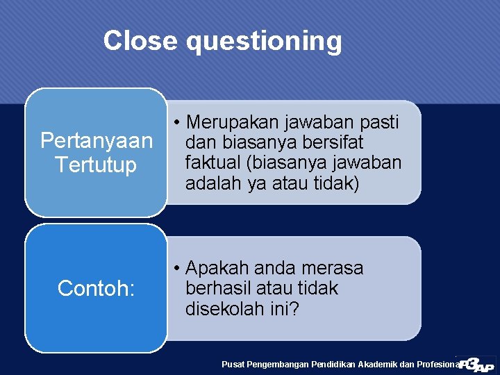 Close questioning Pertanyaan Tertutup Contoh: • Merupakan jawaban pasti dan biasanya bersifat faktual (biasanya