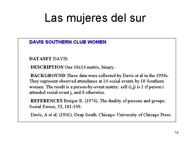 Las mujeres del sur DAVIS SOUTHERN CLUB WOMEN DATASET DAVIS DESCRIPTION One 18 x