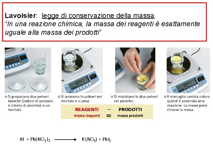 Lavoisier: legge di conservazione della massa. “In una reazione chimica, la massa dei reagenti