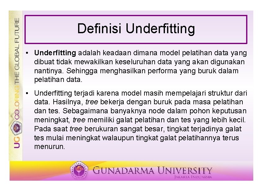 Definisi Underfitting • Underfitting adalah keadaan dimana model pelatihan data yang dibuat tidak mewakilkan