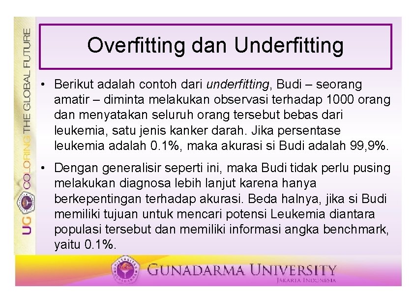 Overfitting dan Underfitting • Berikut adalah contoh dari underfitting, Budi – seorang amatir –