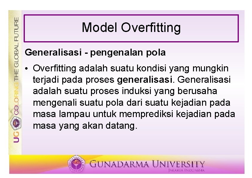Model Overfitting Generalisasi - pengenalan pola • Overfitting adalah suatu kondisi yang mungkin terjadi