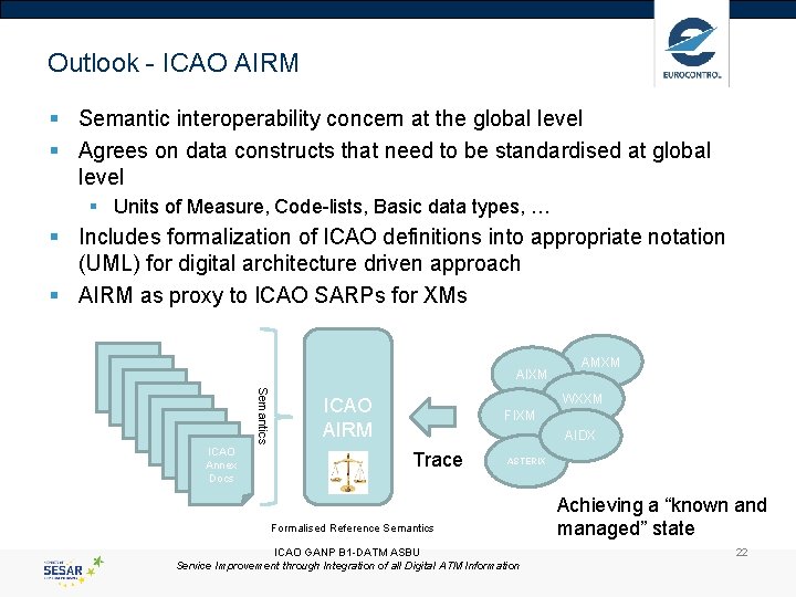 Outlook - ICAO AIRM § Semantic interoperability concern at the global level § Agrees