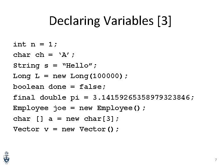 Declaring Variables [3] int n = 1; char ch = ‘A’; String s =