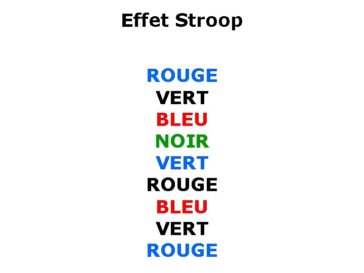 Effet Stroop ROUGE VERT BLEU NOIR VERT ROUGE BLEU VERT ROUGE 