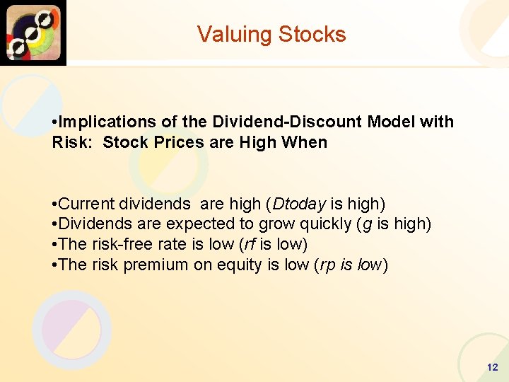 Valuing Stocks • Implications of the Dividend-Discount Model with Risk: Stock Prices are High