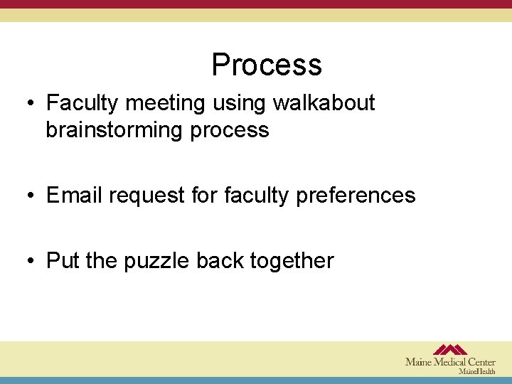 Process • Faculty meeting using walkabout brainstorming process • Email request for faculty preferences