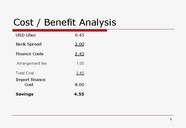 Cost / Benefit Analysis USD Libor 0. 45 Bank Spread 2. 00 Finance Costs