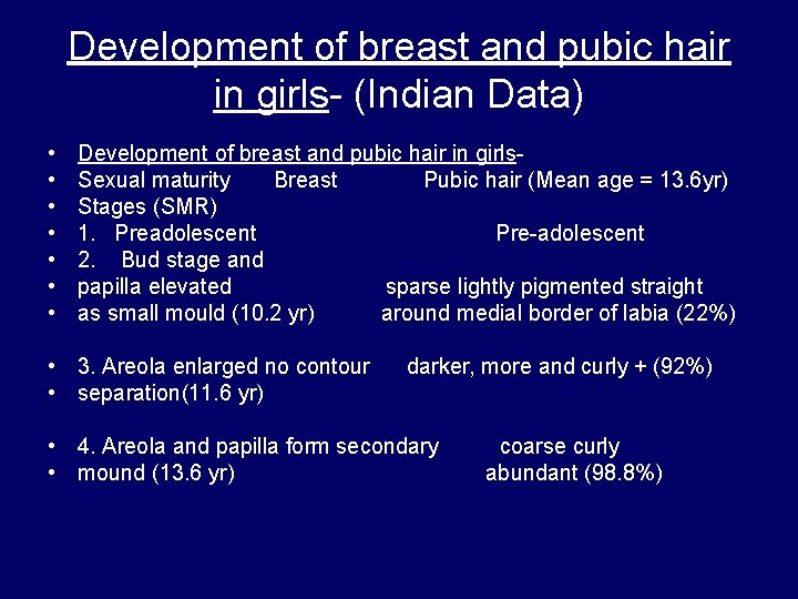 Development of breast and pubic hair in girls- (Indian Data) • • Development of