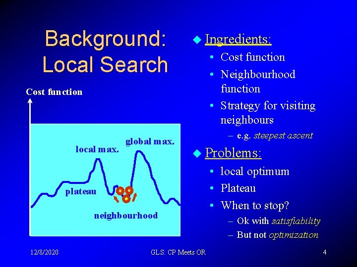 Background: Local Search u Ingredients: • Cost function • Neighbourhood function • Strategy for