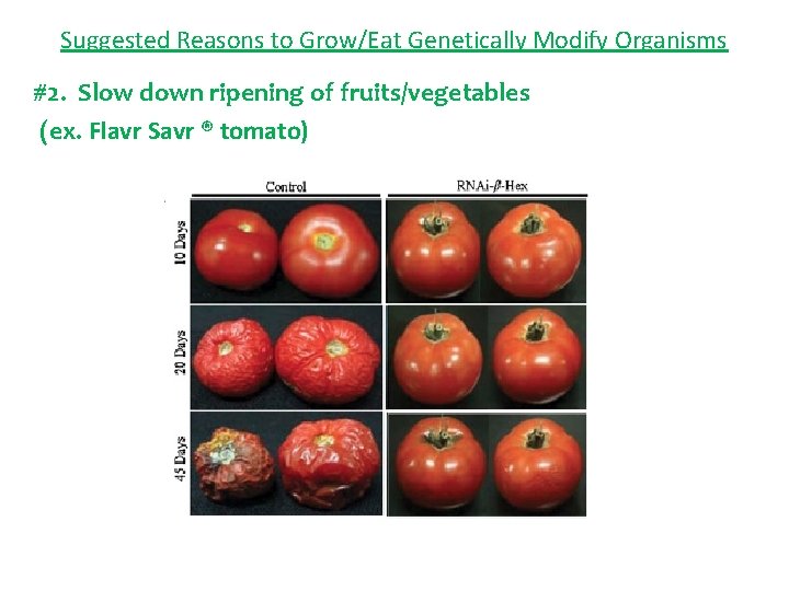 Suggested Reasons to Grow/Eat Genetically Modify Organisms #2. Slow down ripening of fruits/vegetables (ex.