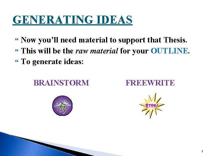 GENERATING IDEAS Now you’ll need material to support that Thesis. This will be the