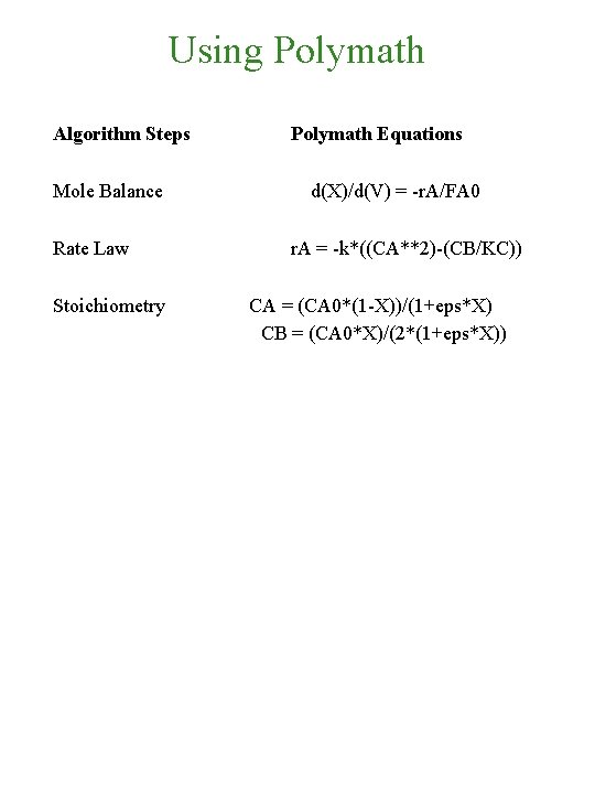 Using Polymath Algorithm Steps Polymath Equations Mole Balance d(X)/d(V) = -r. A/FA 0 Rate