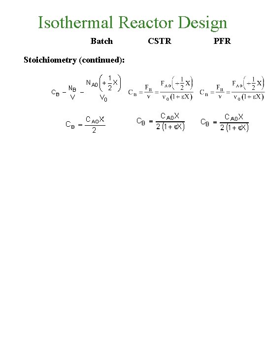 Isothermal Reactor Design Batch Stoichiometry (continued): CSTR PFR 