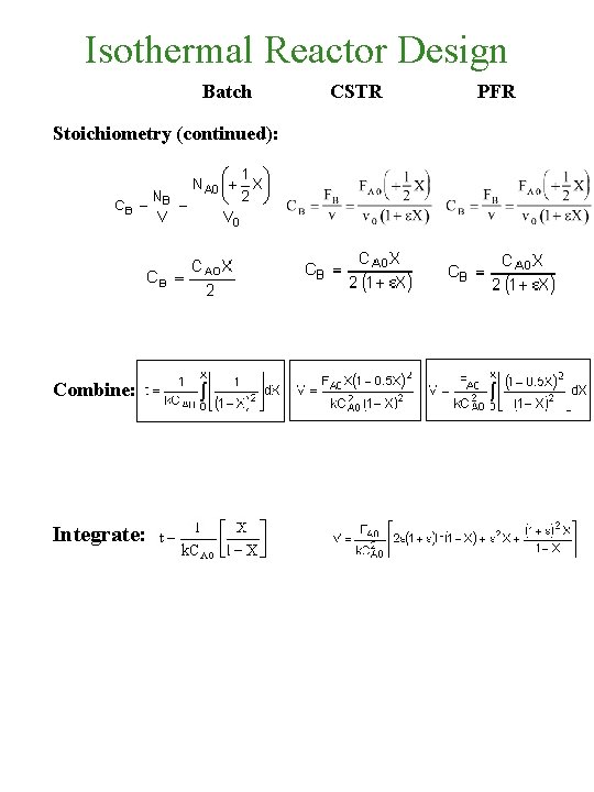 Isothermal Reactor Design Batch Stoichiometry (continued): Combine: Integrate: CSTR PFR 