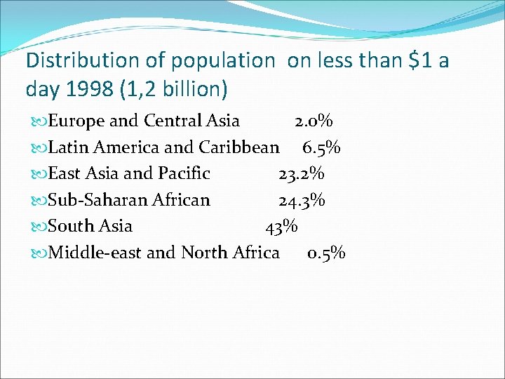 Distribution of population on less than $1 a day 1998 (1, 2 billion) Europe