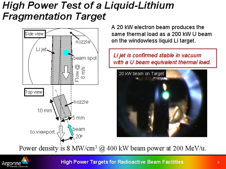 High Power Test of a Liquid-Lithium Fragmentation Target Side view nozzle A 20 k.