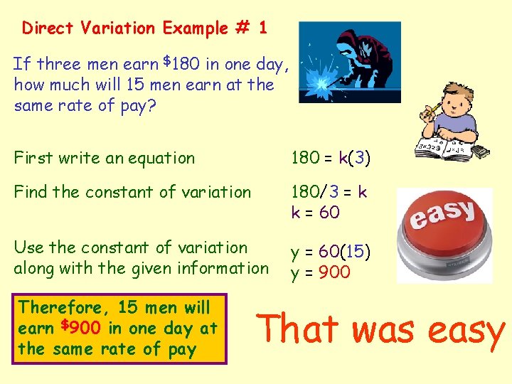 Direct Variation Example # 1 If three men earn $180 in one day, how