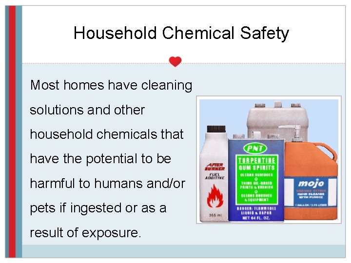 Household Chemical Safety Most homes have cleaning solutions and other household chemicals that have