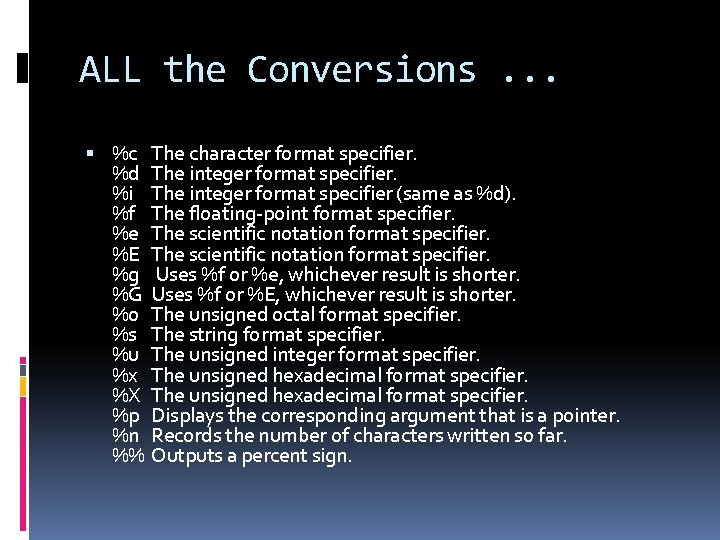 ALL the Conversions. . . %c The character format specifier. %d The integer format