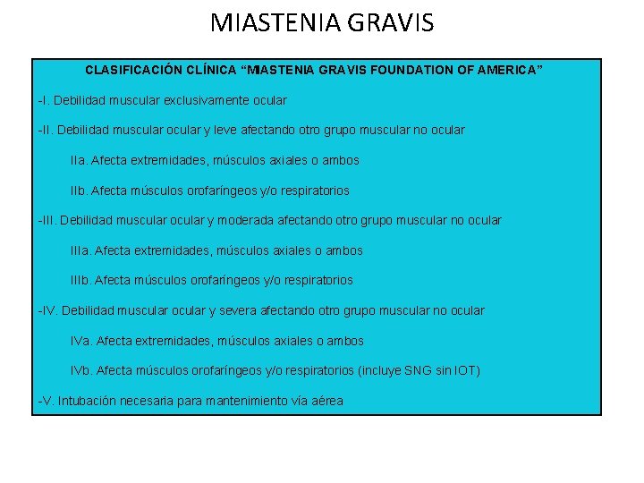 MIASTENIA GRAVIS CLASIFICACIÓN CLÍNICA “MIASTENIA GRAVIS FOUNDATION OF AMERICA” -I. Debilidad muscular exclusivamente ocular