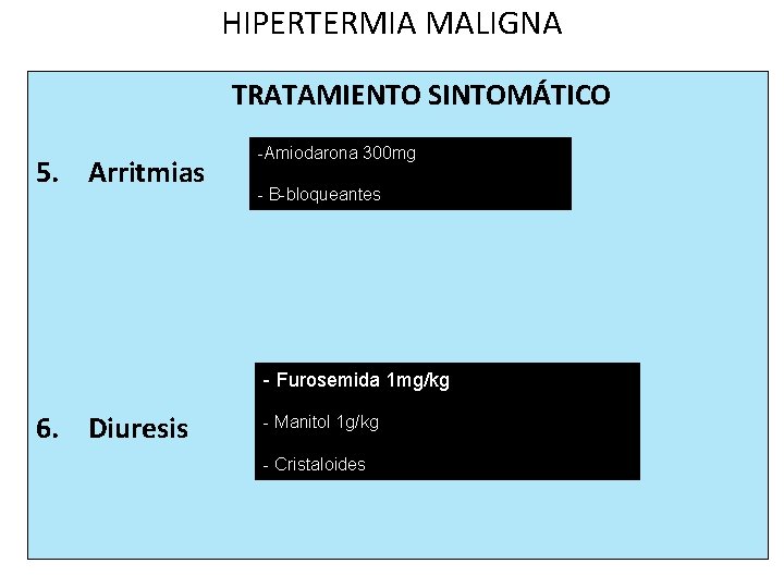 HIPERTERMIA MALIGNA TRATAMIENTO SINTOMÁTICO 5. Arritmias -Amiodarona 300 mg - B-bloqueantes - Furosemida 1