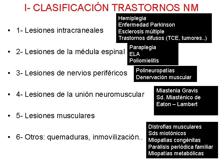 I- CLASIFICACIÓN TRASTORNOS NM • 1 - Lesiones intracraneales Hemiplegia Enfermedad Parkinson Esclerosis múltiple