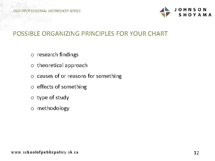 JSGS PROFESSIONAL WORKSHOP SERIES POSSIBLE ORGANIZING PRINCIPLES FOR YOUR CHART o research findings o