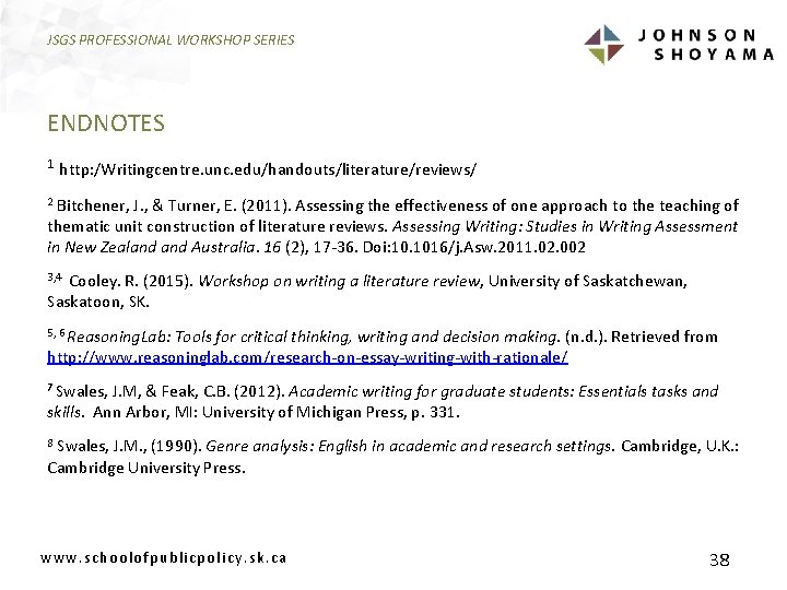 JSGS PROFESSIONAL WORKSHOP SERIES ENDNOTES 1 http: /Writingcentre. unc. edu/handouts/literature/reviews/ Bitchener, J. , &