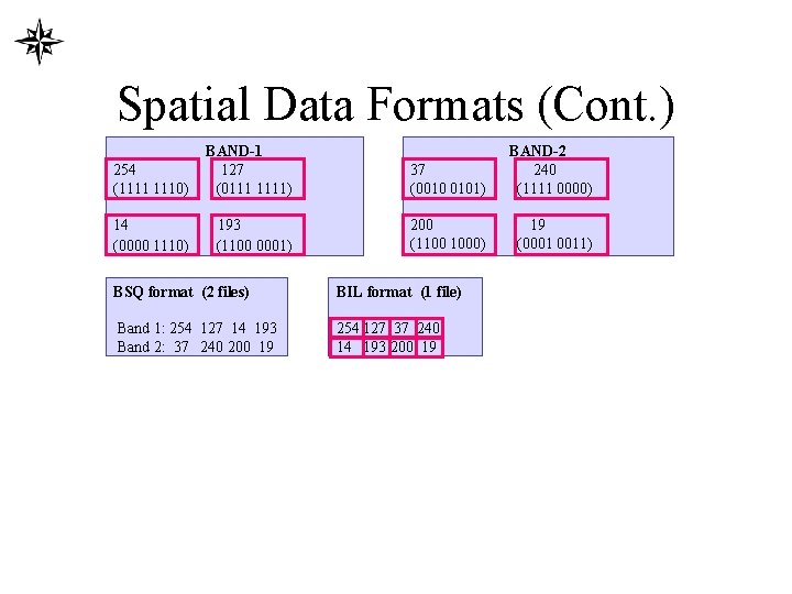 Spatial Data Formats (Cont. ) 254 (1111 1110) BAND-1 127 (0111 1111) 37 (0010