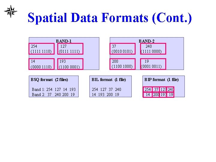 Spatial Data Formats (Cont. ) 254 (1111 1110) BAND-1 127 (0111 1111) 37 (0010